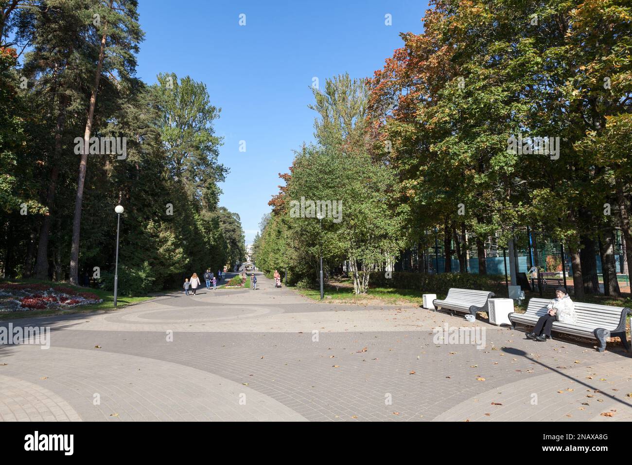 Zelenogorsk, Russia-circa settembre, 2021: L'installazione dei pesci. Il vicolo centrale dall'intersezione di Primorskoye Highway e Lenin Avenue al G. Foto Stock