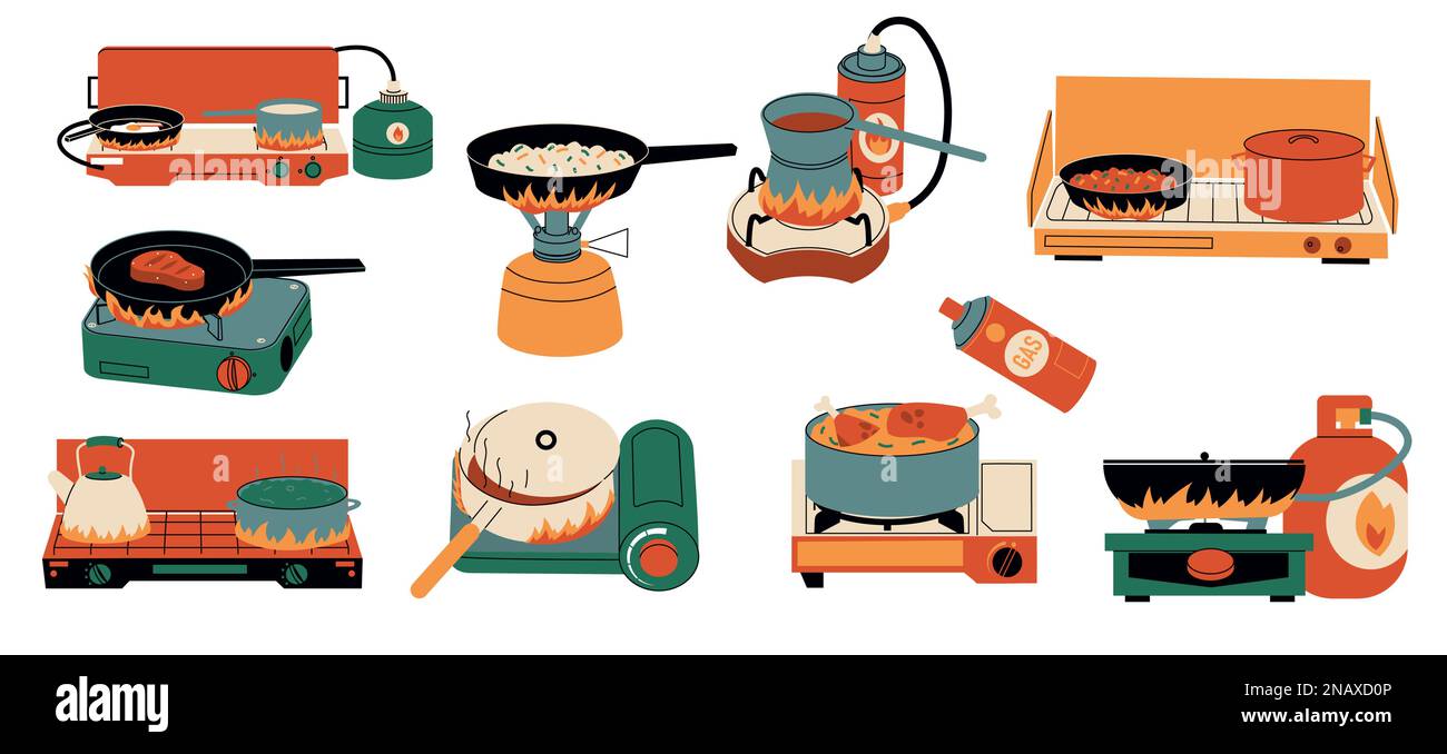 Cibo su stufa. Utensili da cucina per stativi di cottura su stufa a gas, utensili da cucina su bruciatore portatile stile cartone animato. Set con isolamento vettoriale Illustrazione Vettoriale