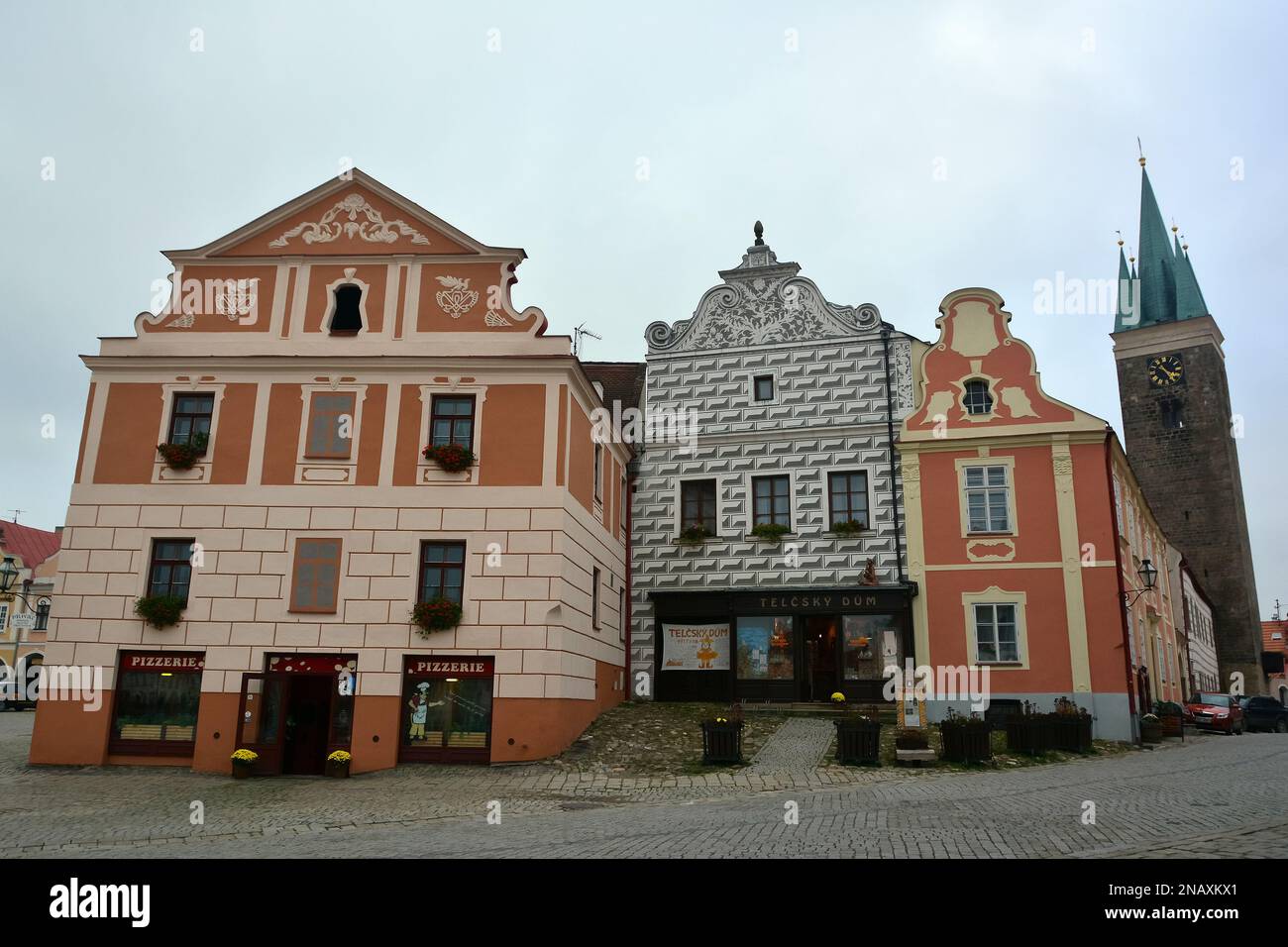 Le case della piazza principale (Namesti Zachariase z Hradce), Telč, Regione di Vysočina, Distretto di Jihlava, Repubblica Ceca, Europa, Patrimonio dell'umanità Foto Stock