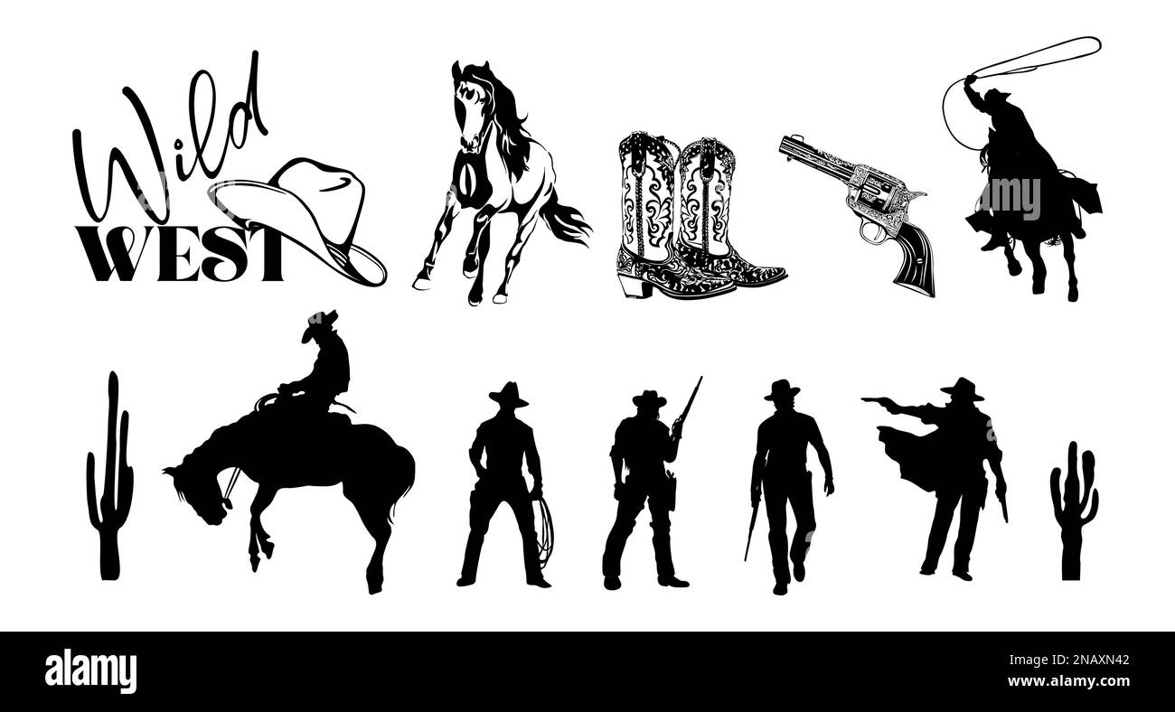 Wild West Elements Line art illustrazioni vettoriali. Illustrazione Vettoriale