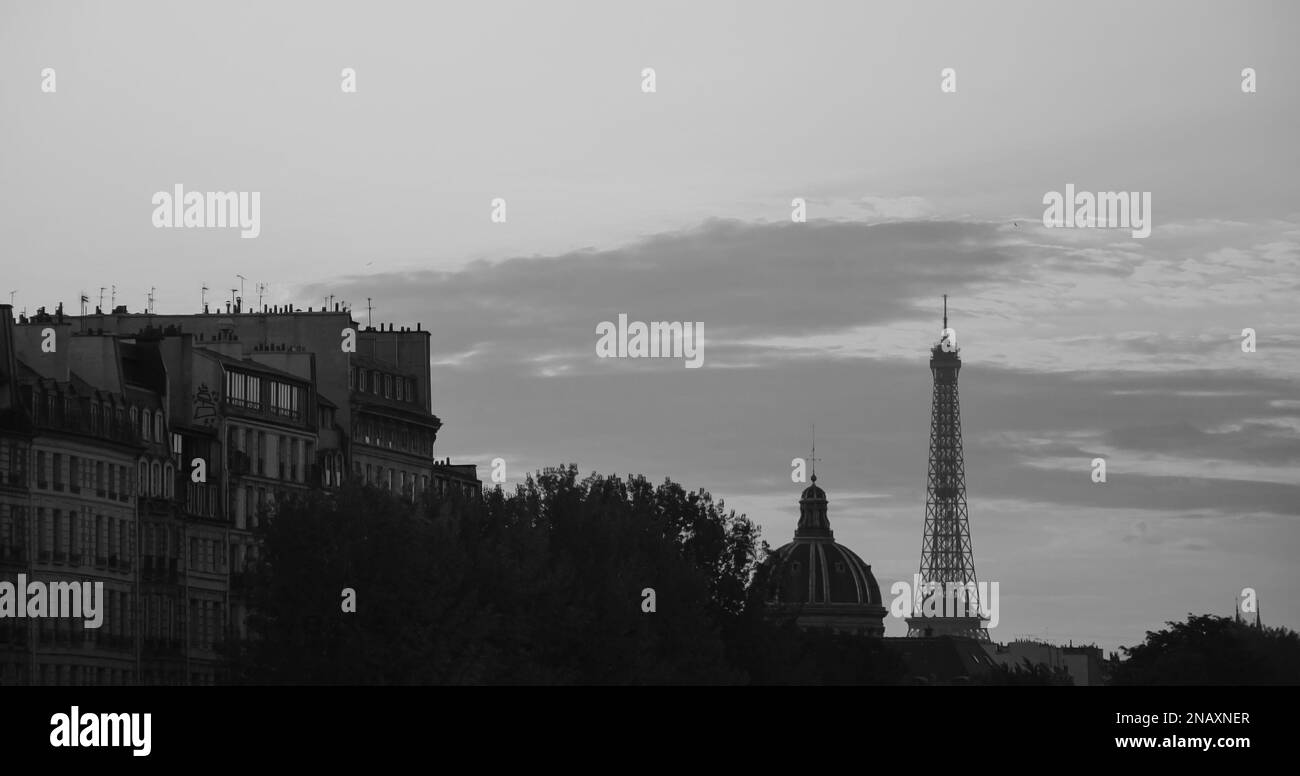 Torre Eiffel, cupola dell'Accademia delle Belle Arti e tipici edifici parigini con soffitta al tramonto. Parigi, Francia. Foto invecchiata. Bianco e nero. Foto Stock