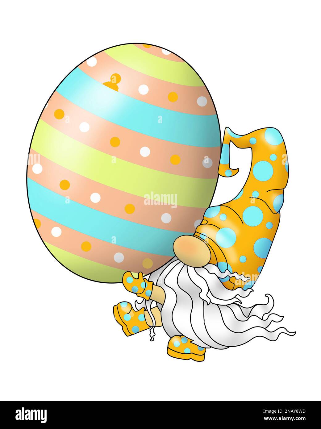 Illustrazione di uno gnomo bearded che trasporta le uova grandi di Pasqua. Sembra che potrebbe cadere. Sfondo bianco. Foto Stock