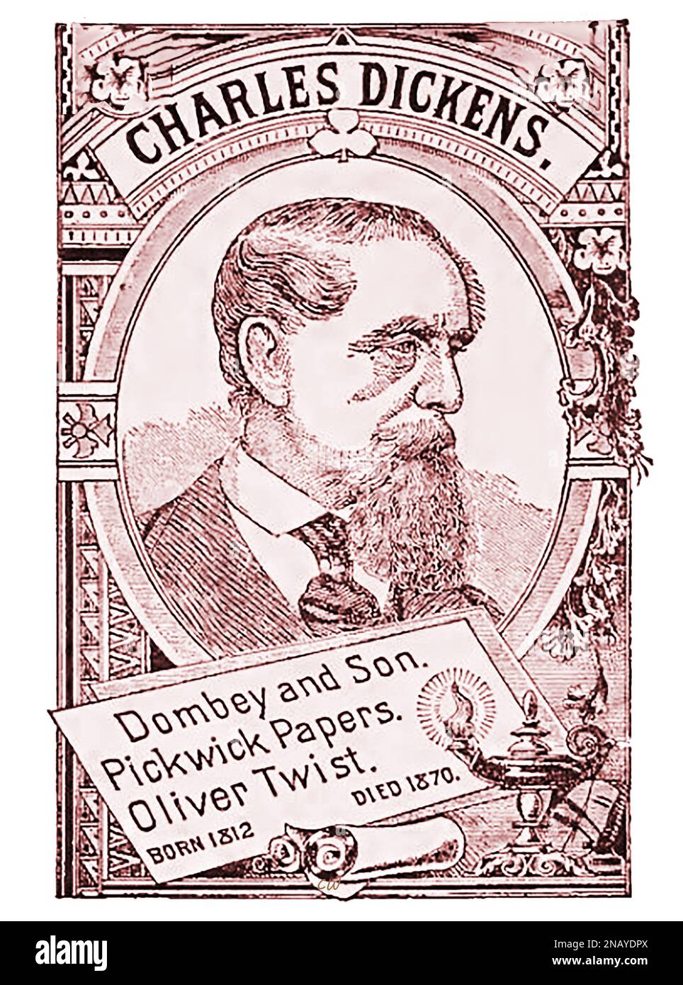 Un diverso ritratto insolito di Charles Dickens ( Charles John Huffam Dickens FRSA 1812-1870). L'origine è sconosciuta, ma può essere un prototipo per un disegno da utilizzare sui francobolli per commemorare la sua morte Foto Stock