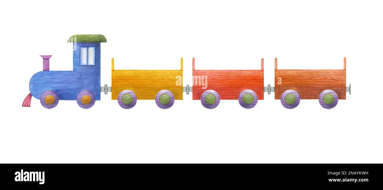 Acquerello illustrazione di un set di capretto treno di legno isolato su sfondo bianco. Stanza dei bambini, arredamento della stanza dei bambini. Materiali ecologici giocattoli per bambini. Foto Stock