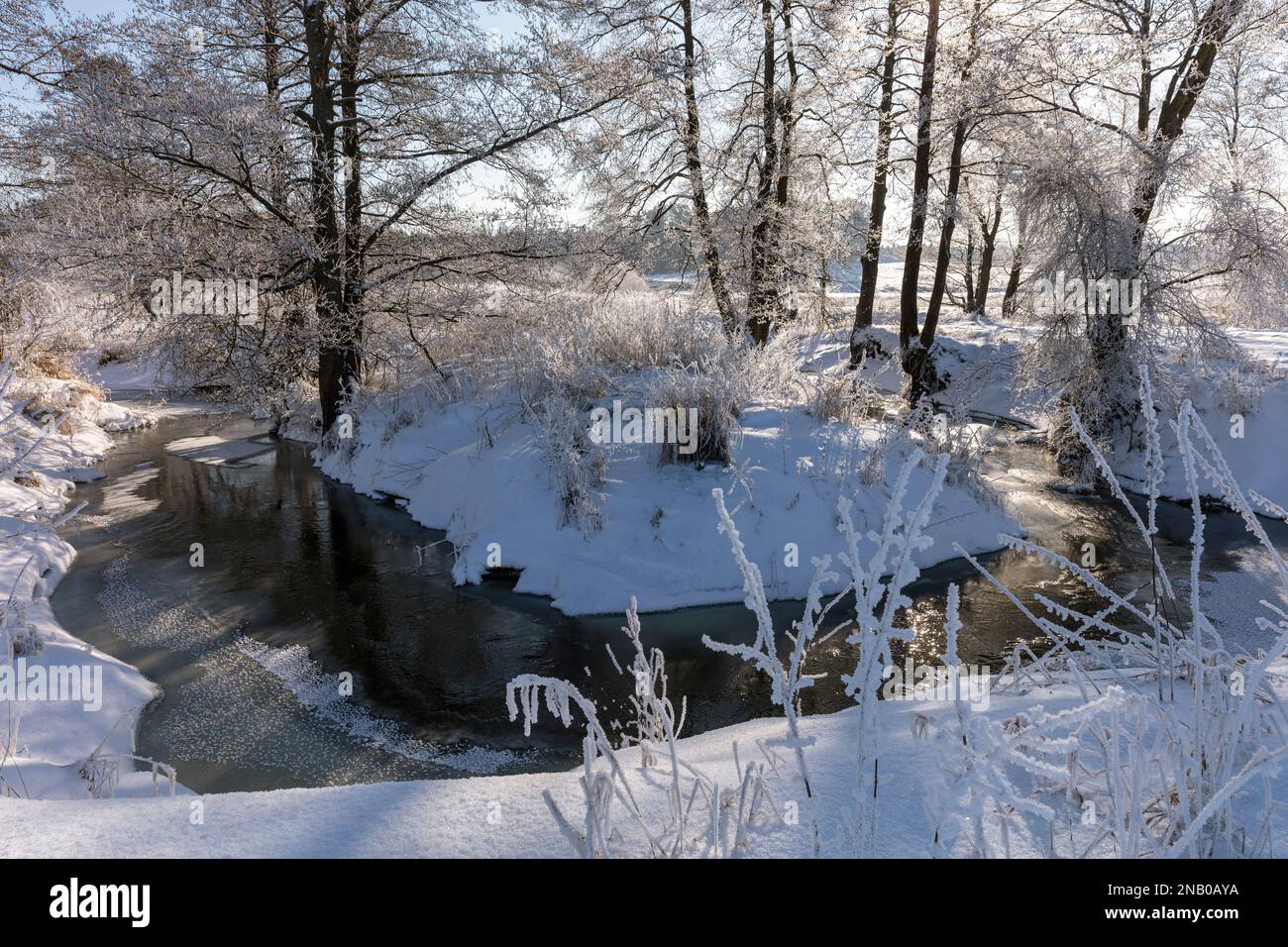 Scena invernale, fiume Kirsna, Polonia Foto Stock