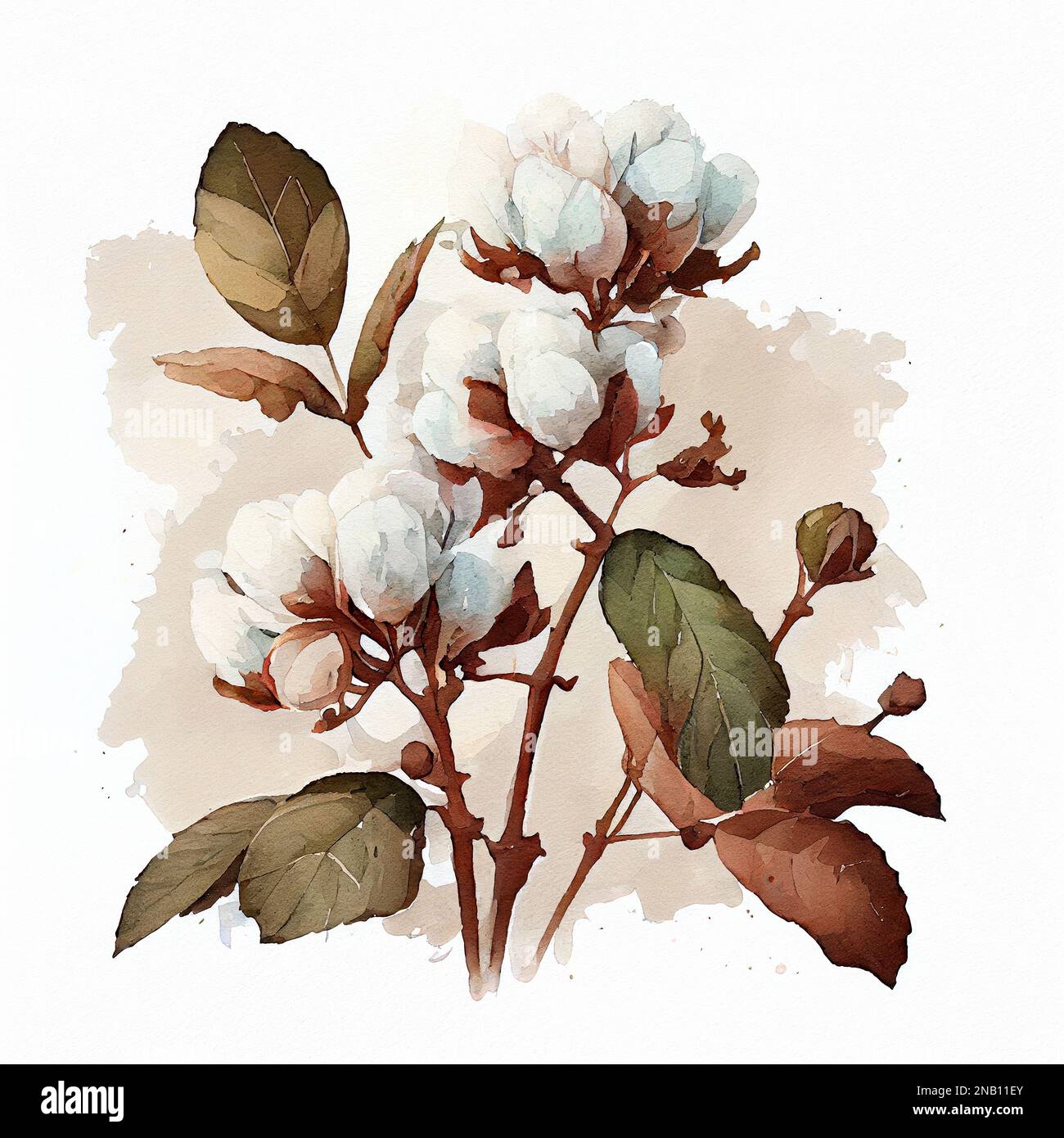 Ramo di cotone su sfondo bianco. Delicati fiori di cotone bianco. Fondo in cotone chiaro, piatto. Foto Stock