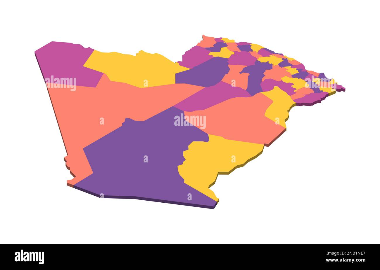 Algeria carta politica delle divisioni amministrative - province. Mappa vettoriale vuota isometrica 3D in schema a quattro colori. Illustrazione Vettoriale