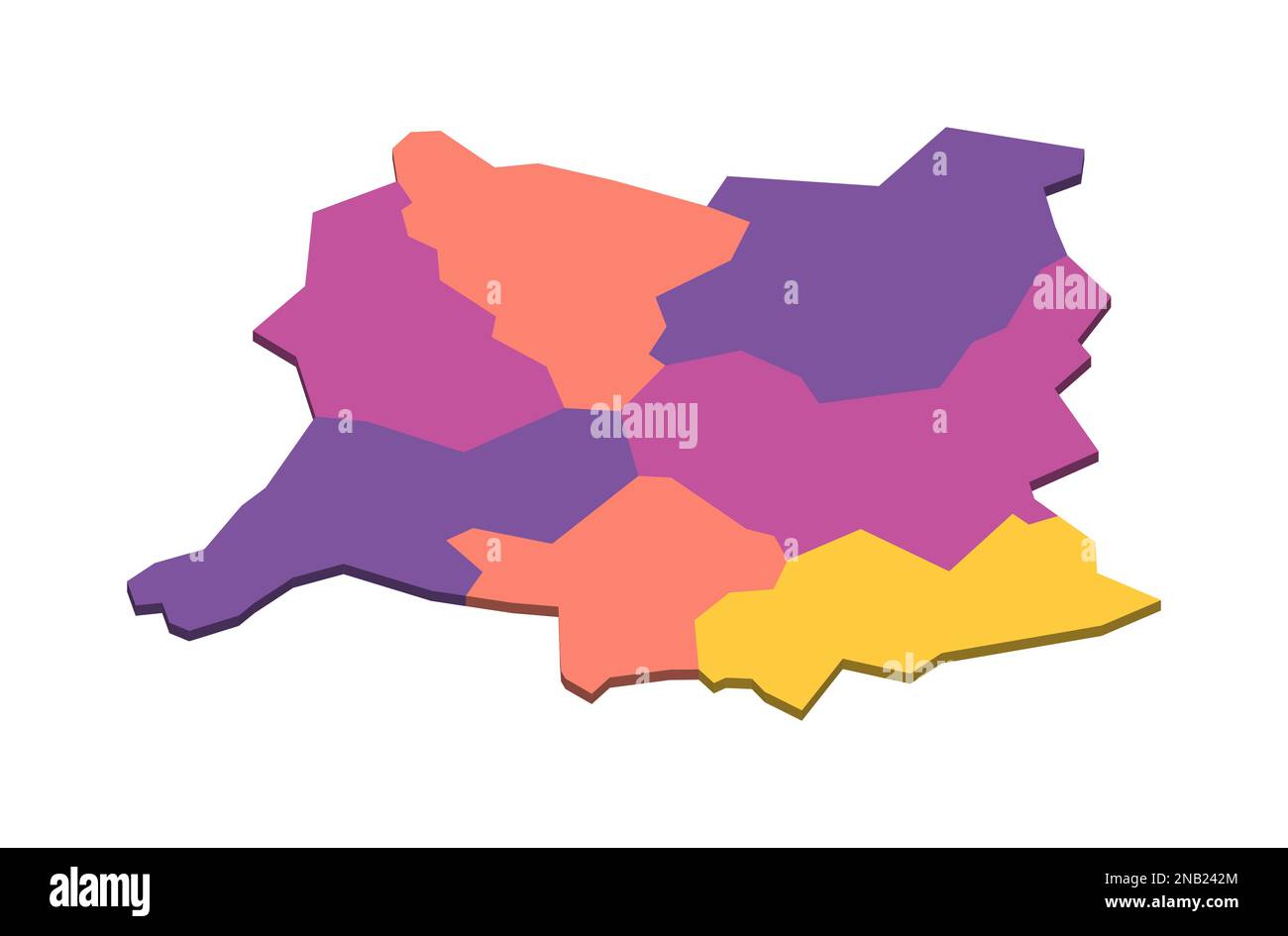 Mappa politica del Kosovo delle divisioni amministrative - distretti. Mappa vettoriale vuota isometrica 3D in schema a quattro colori. Illustrazione Vettoriale