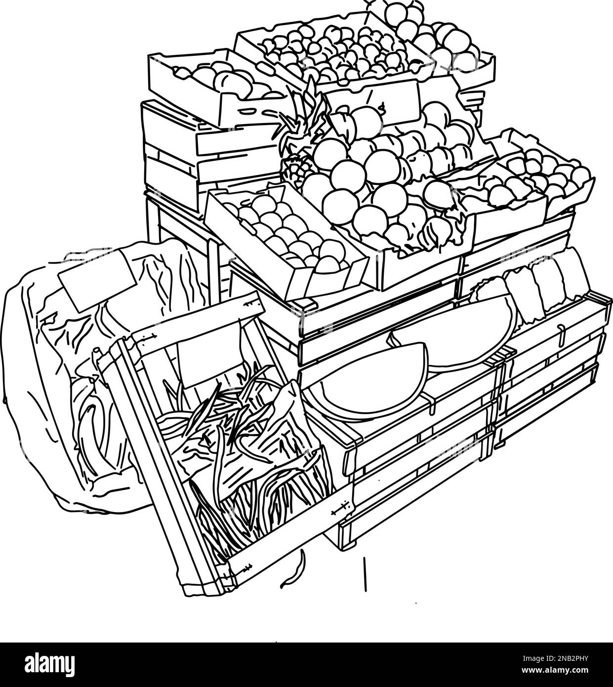 abbozzare le scatole di frutta e verdura Illustrazione Vettoriale