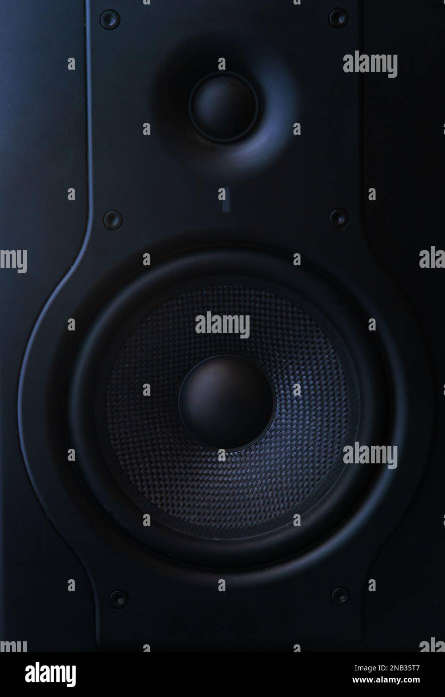 Cassa a due vie in studio di registrazione.foto in nero, isolata su sfondo nero.altoparlante audio per immagini frontali con membrana ondulata. Foto Stock