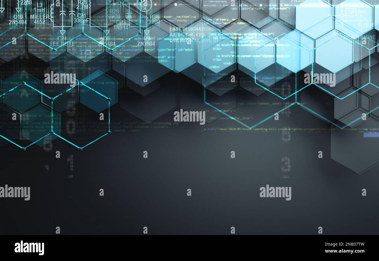 Illustrazione 3d relativa a tecnologia e scienza.Abstract hex e background dei dati. Foto Stock