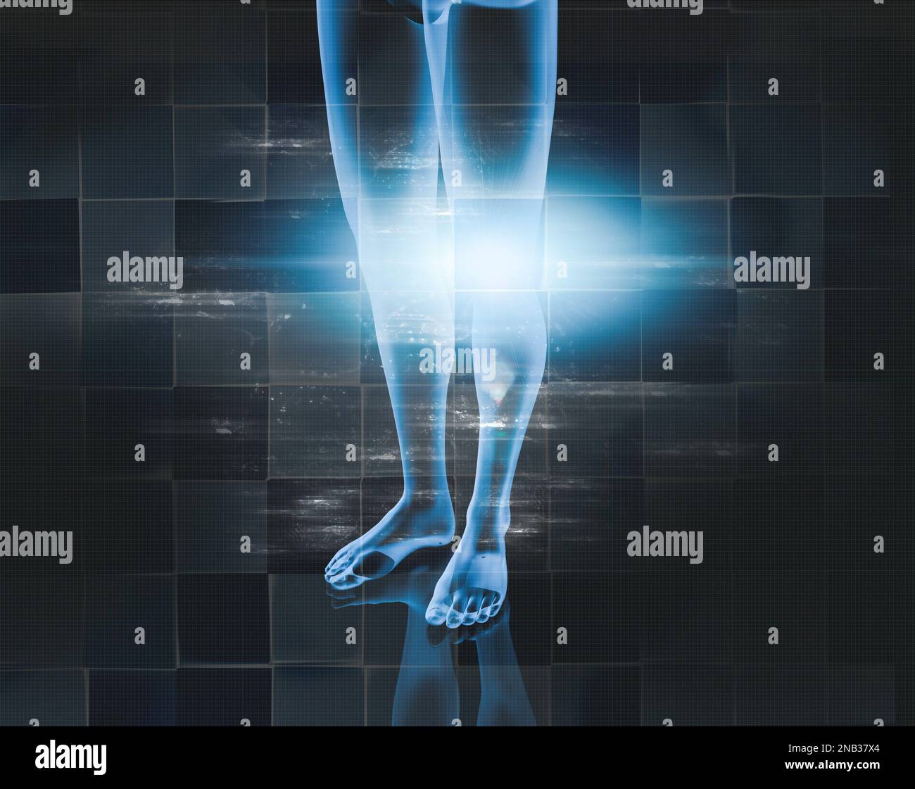 Imaging medico e trattamenti medici. Concetto di analgesici e dolore muscolare e infiammazione del ginocchio e del menisco.illustrazione 3d.corpo umano x Foto Stock