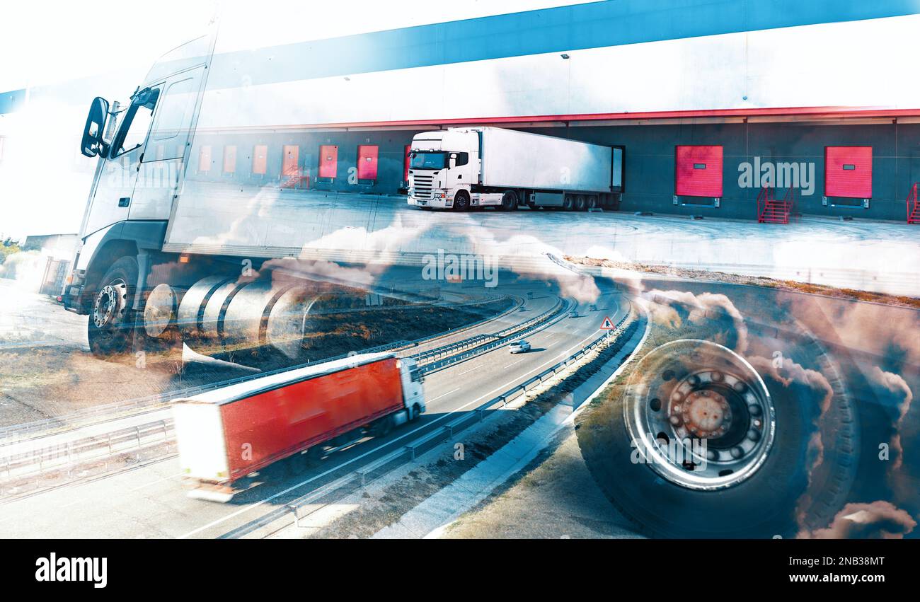 Storia astratta camion e transport.Highway e delivering.camion e automobili che guidano sulla Road.Logistics e immagazzinaggio.Abstract Design. Foto Stock