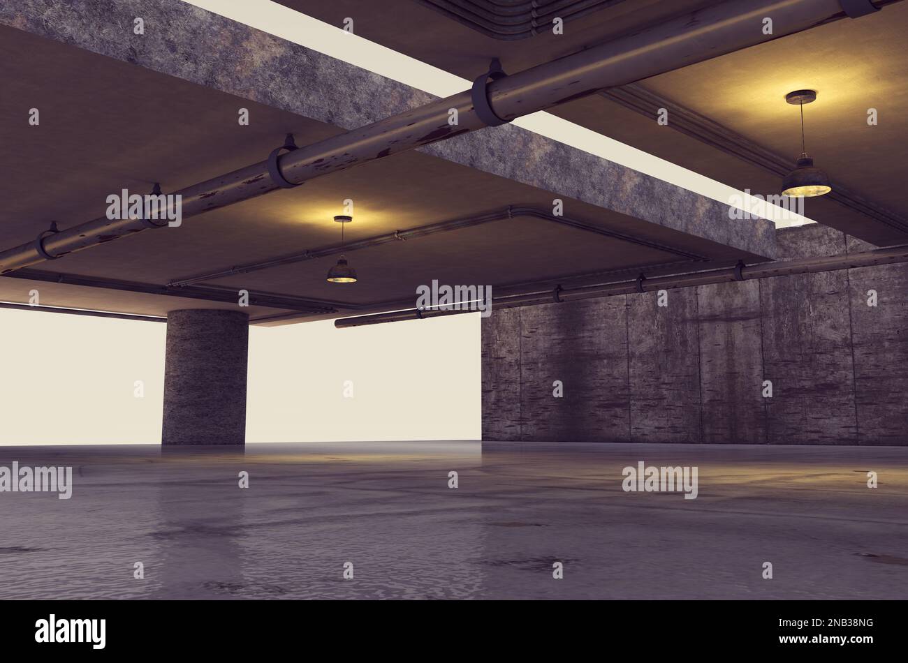 Sfondo industriale interno e pareti di cemento.3D illustrazione. Calcestruzzo grezzo interno ampio spazio. Foto Stock