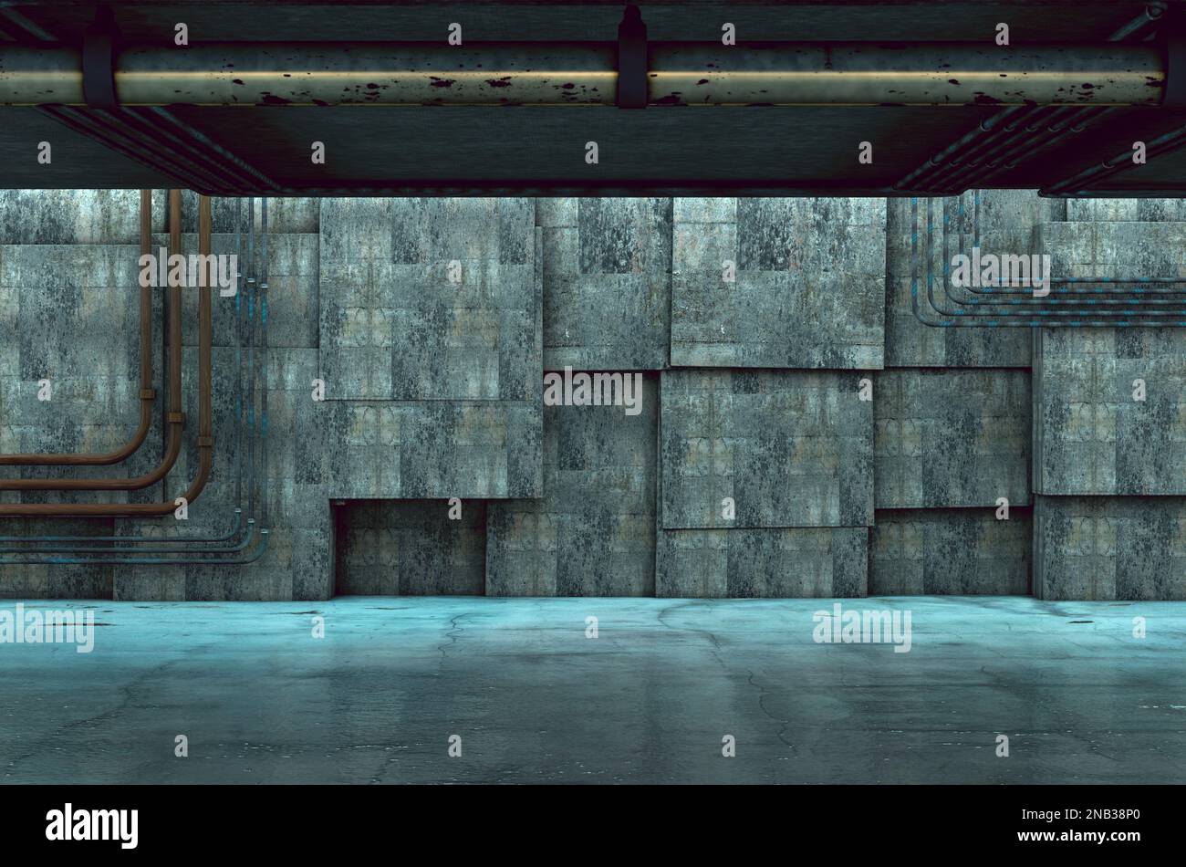 Fondo industriale interno e cemento pillars.3D Illustration.Blank calcestruzzo ampio spazio interno e parete. Foto Stock