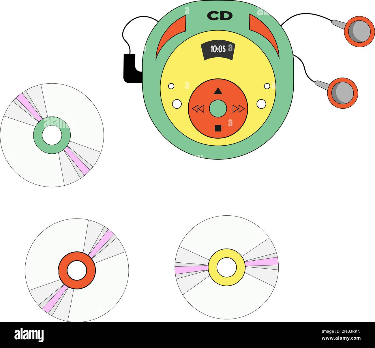 Immagine del lettore CD, delle cuffie e dei dischi CD con musica. Illustrazione Vettoriale