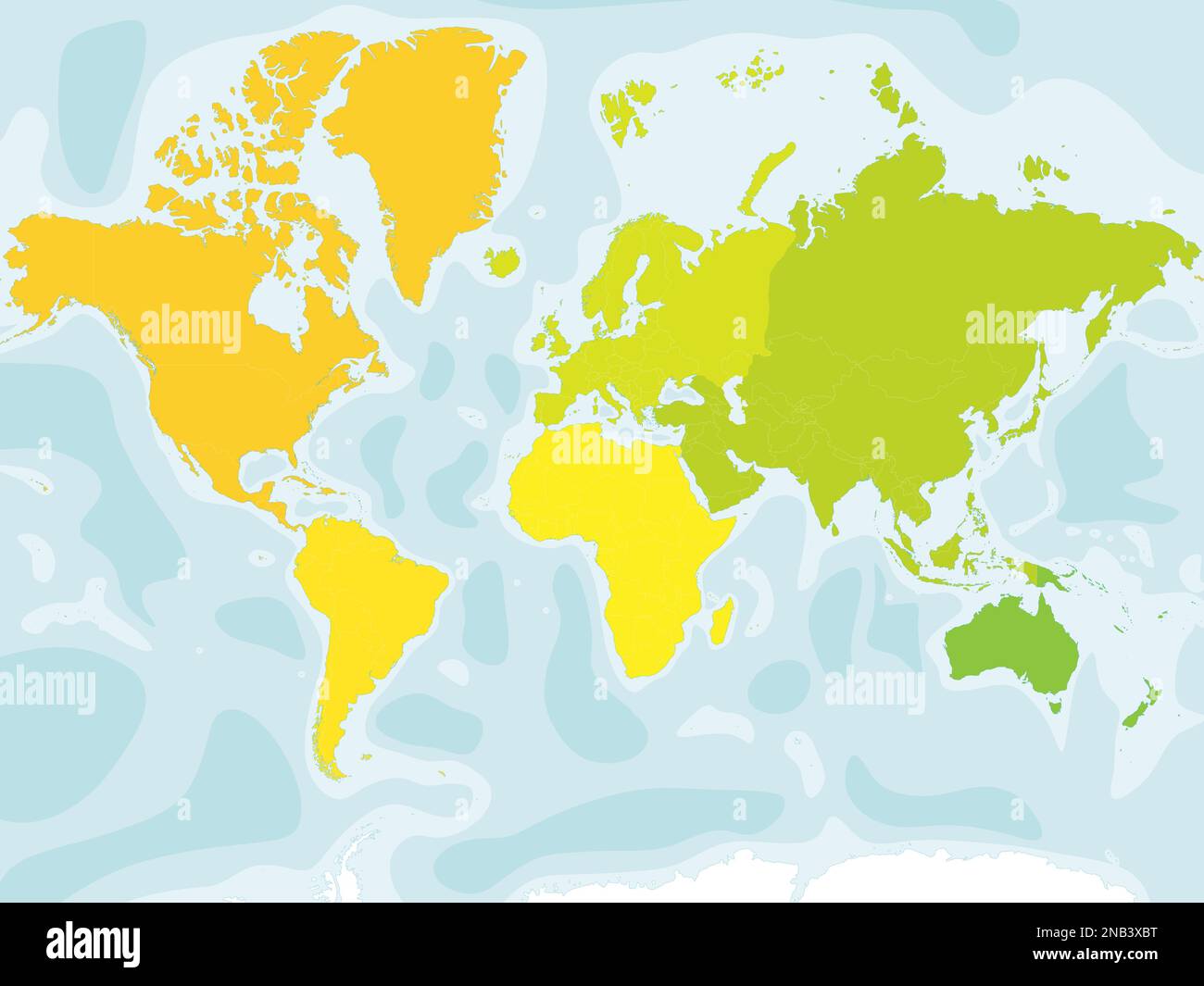 Mappa vuota dei continenti: Nord America, Sud America, Africa, Europa, Asia e Australia. Proiezione Mercator. Mappa politica vettoriale dettagliata di paesi e territori dipendenti con batimetria. Illustrazione Vettoriale