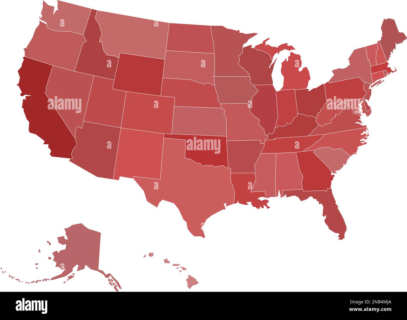 Mappa vuota degli Stati Uniti d'America. Illustrazione vettoriale in tonalità rosse su sfondo bianco. Illustrazione Vettoriale