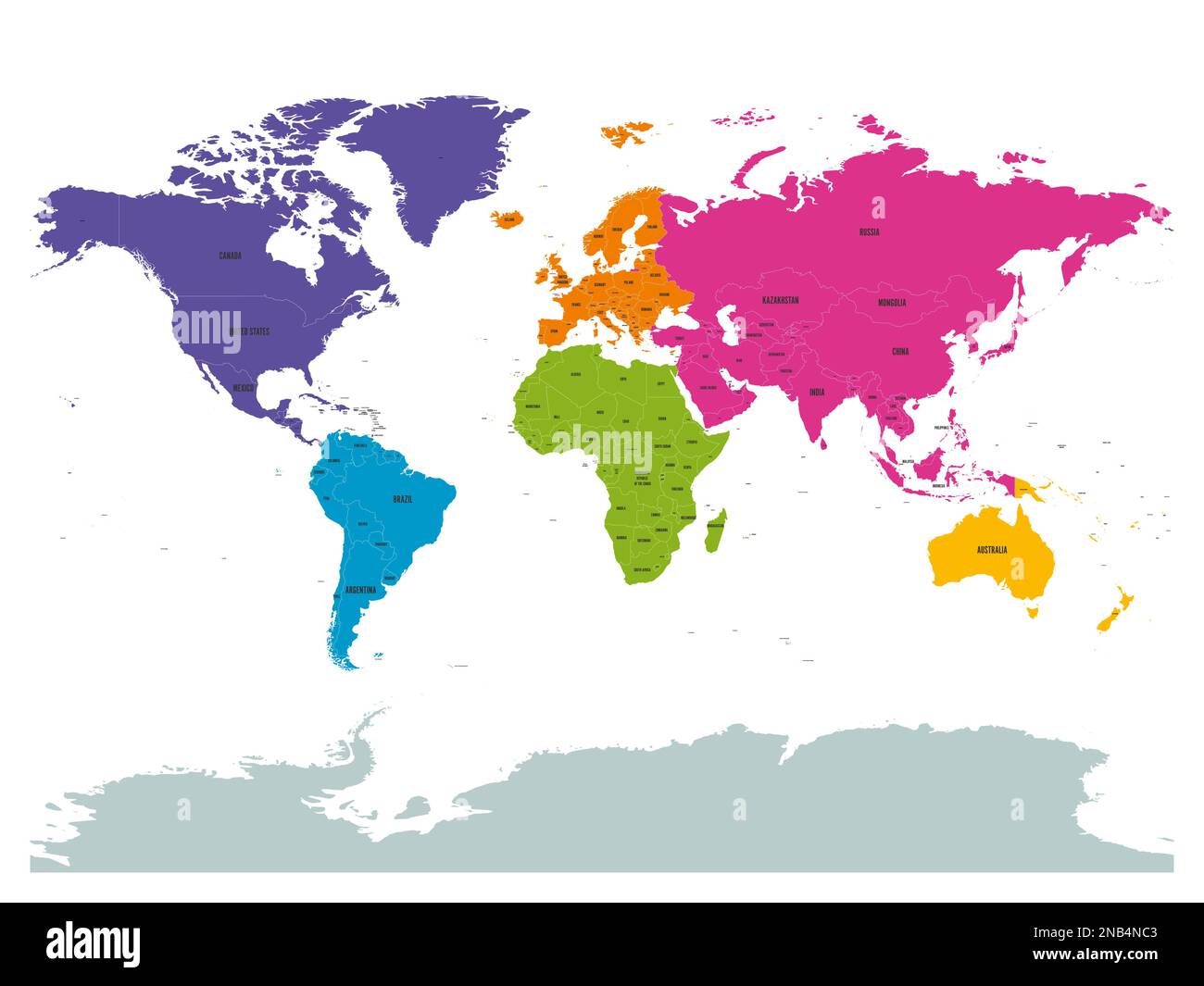 Mappa politica del mondo con l'Antartide. Continenti di diversi colori su sfondo bianco. Etichette nere con nomi di stati e territori dipendenti significativi. Illustrazione vettoriale ad alto dettaglio. Illustrazione Vettoriale
