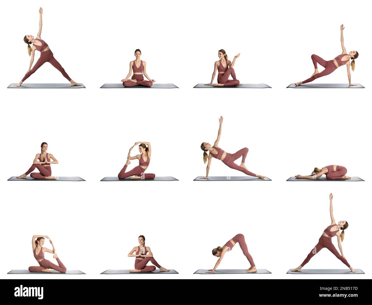 Giovane donna che pratica yoga su sfondo bianco, collage Foto Stock