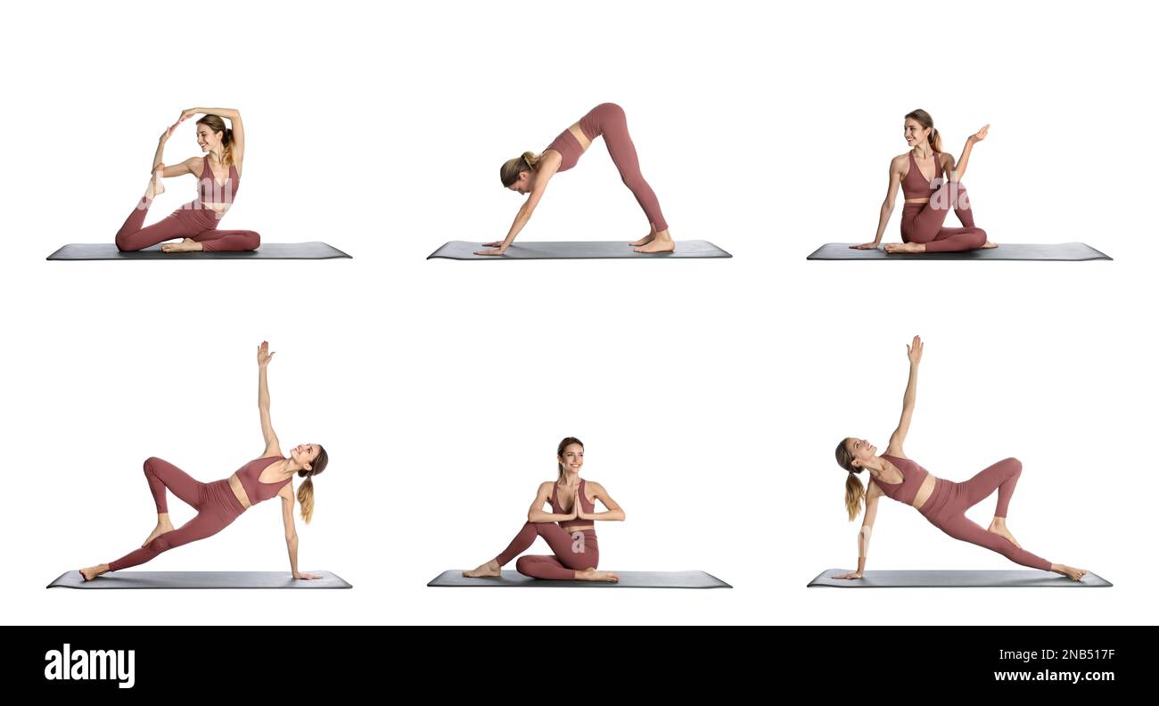 Giovane donna che pratica yoga su sfondo bianco, collage. Design del banner Foto Stock