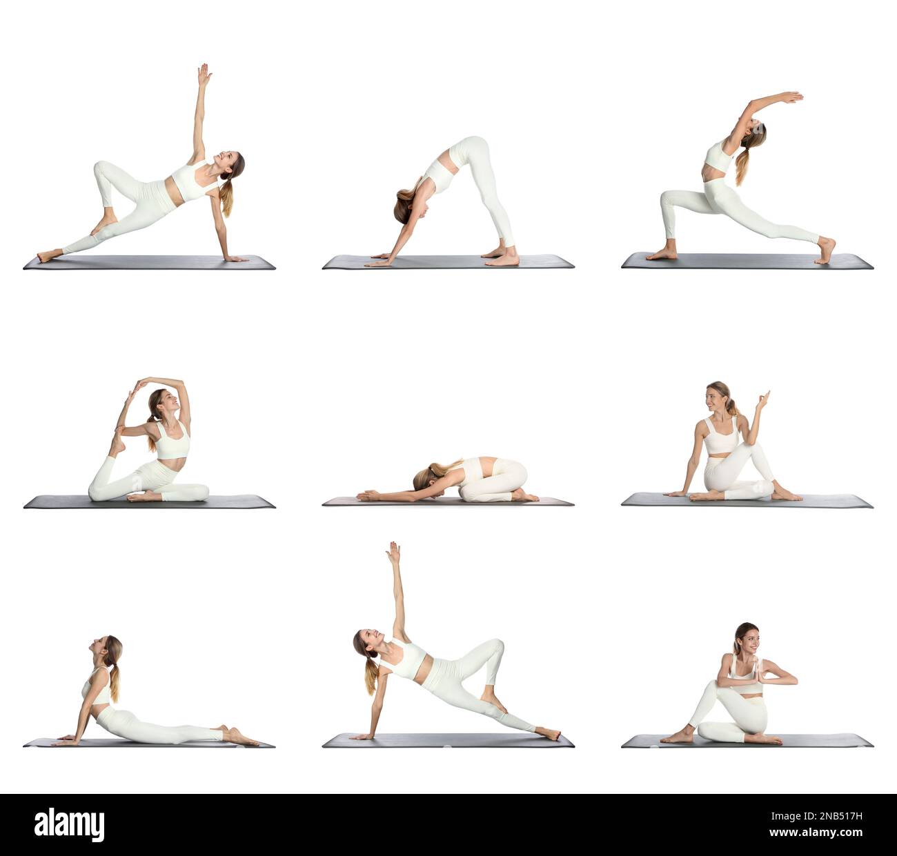 Giovane donna che pratica yoga su sfondo bianco, collage Foto Stock