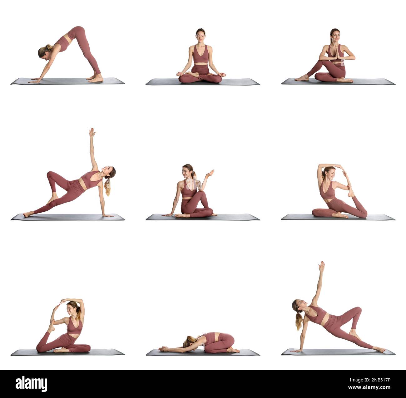 Giovane donna che pratica yoga su sfondo bianco, collage Foto Stock