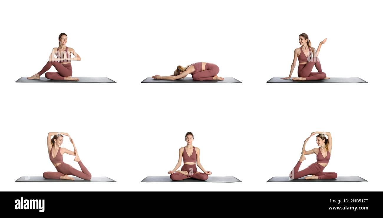 Giovane donna che pratica yoga su sfondo bianco, collage. Design del banner Foto Stock