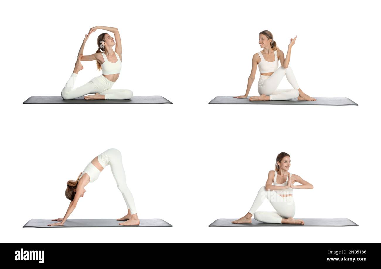 Giovane donna che pratica yoga su sfondo bianco, collage Foto Stock