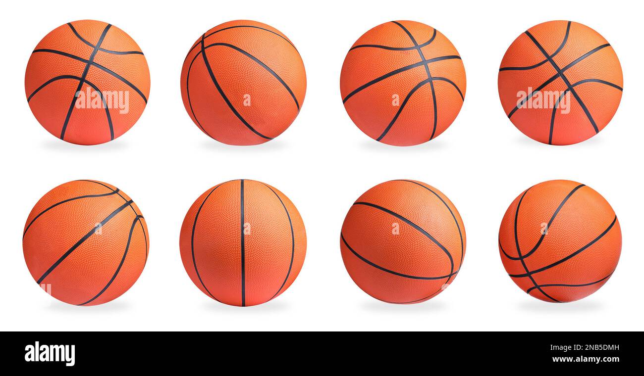 Set con palline da basket luminose su sfondo bianco. Design del banner Foto Stock