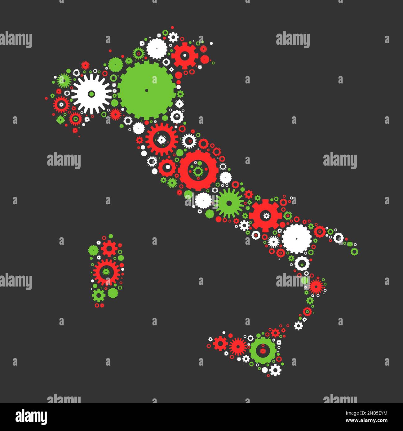 Mappa Italia silhouette mosaico di ruote dentate e ingranaggi. Illustrazione in colori nazionali su sfondo grigio scuro. Illustrazione Vettoriale