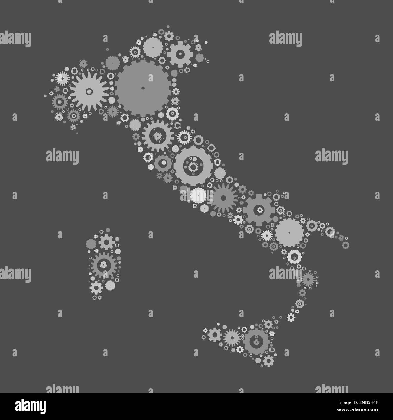 Mappa Italia silhouette mosaico di ruote dentate e ingranaggi. Illustrazione del vettore grigio su sfondo grigio. Illustrazione Vettoriale