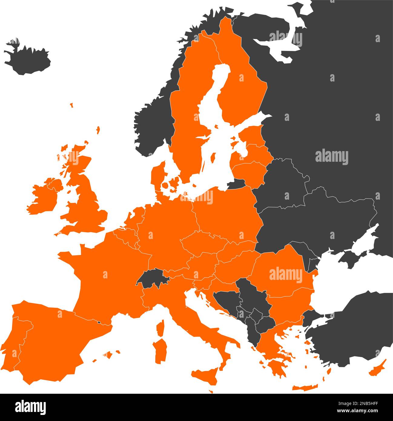 Mappa grigia dell'Europa con 28 stati membri dell'UE evidenziati in arancione. Illustrazione vettoriale. Mappa semplificata dell'Unione europea. Illustrazione Vettoriale
