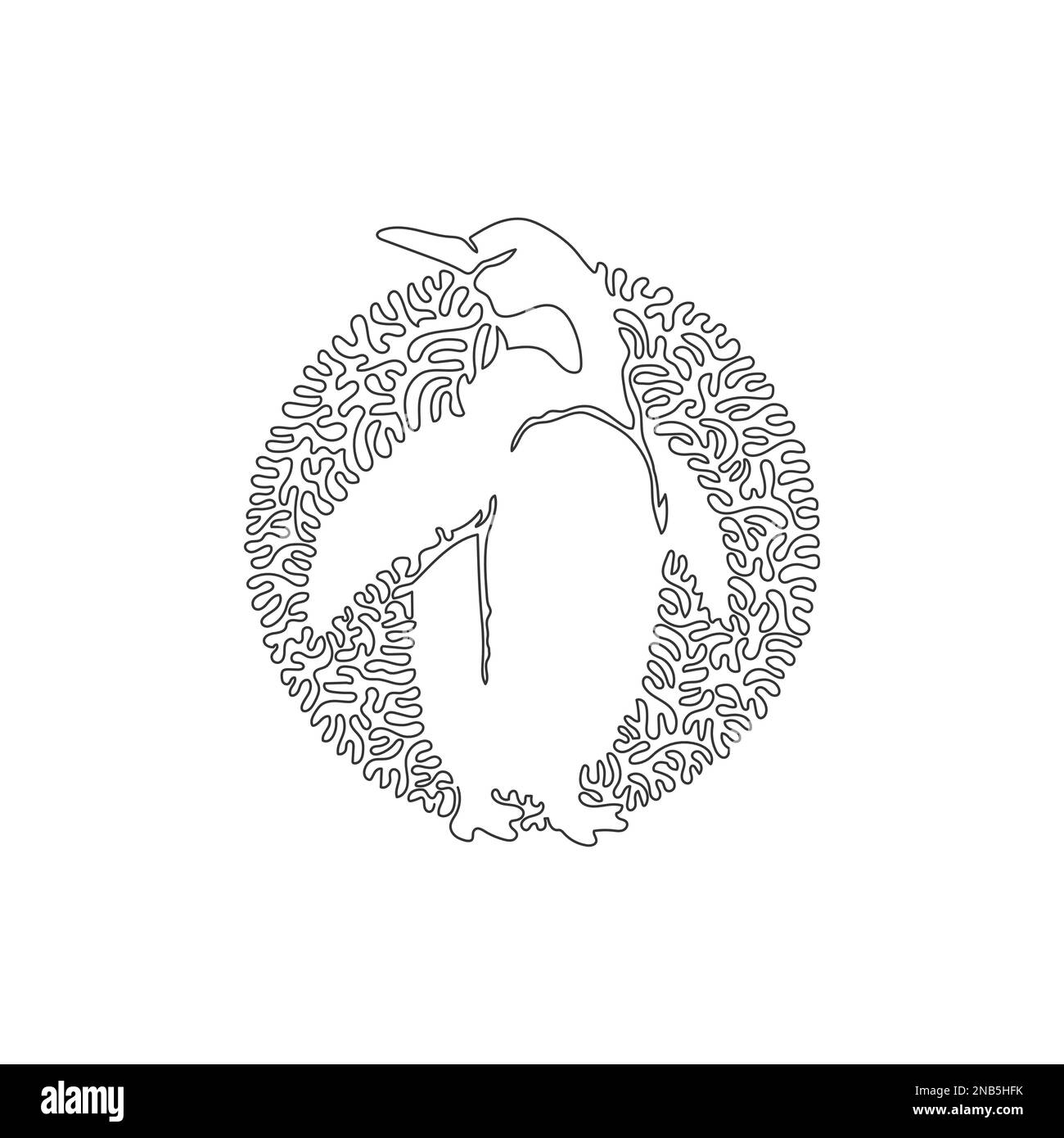 Linea continua a spirale singola che traccia l'arte astratta del pinguino in piedi. Linea continua disegno grafico vettore illustrazione stile di pinguino carino Illustrazione Vettoriale