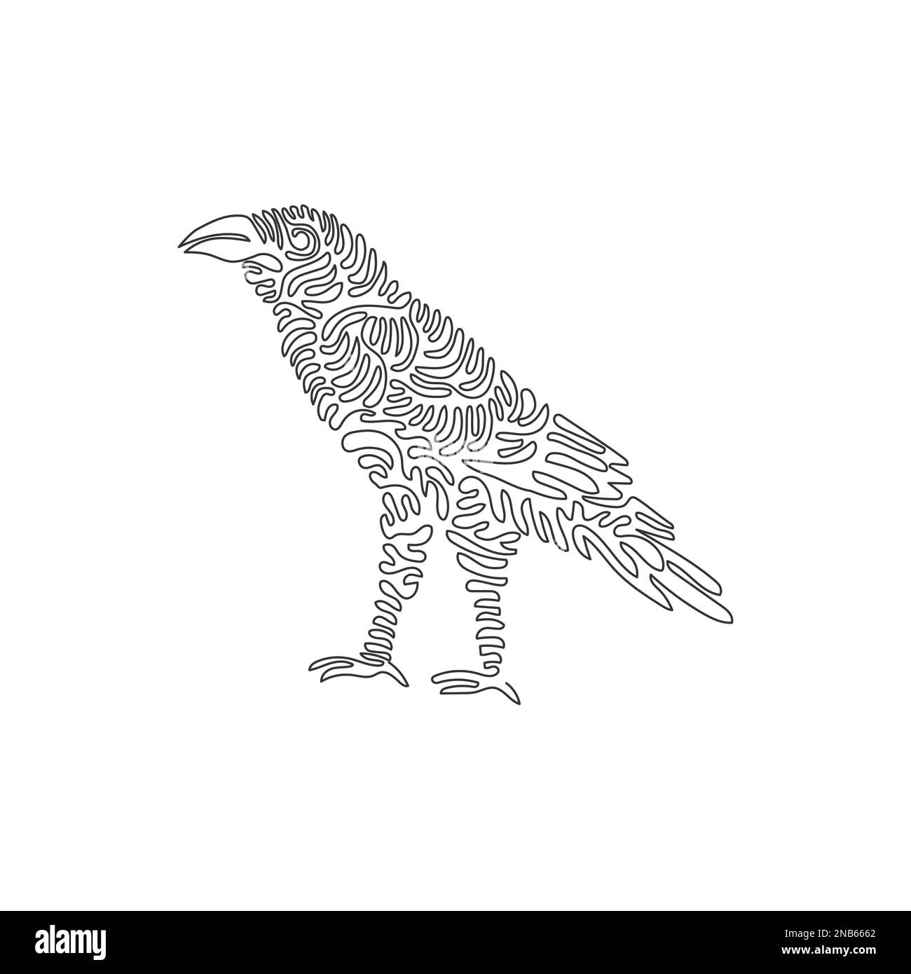 Riccio singolo una linea di disegno di un corvo spaventoso. Disegno grafico a linea continua illustrazione vettoriale del corvo altamente intelligente per icona Illustrazione Vettoriale