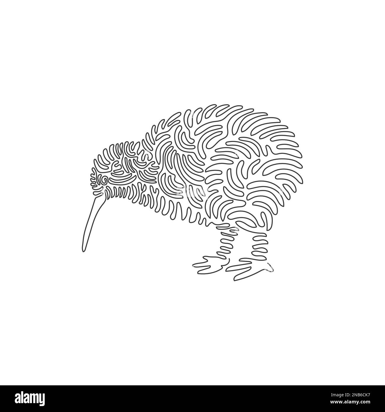 Il disegno a linea continua a singolo vortice del becco di kiwi è lungo e flessibile. Disegno a linea continua disegno grafico illustrazione vettoriale di adorabili kiwi Illustrazione Vettoriale