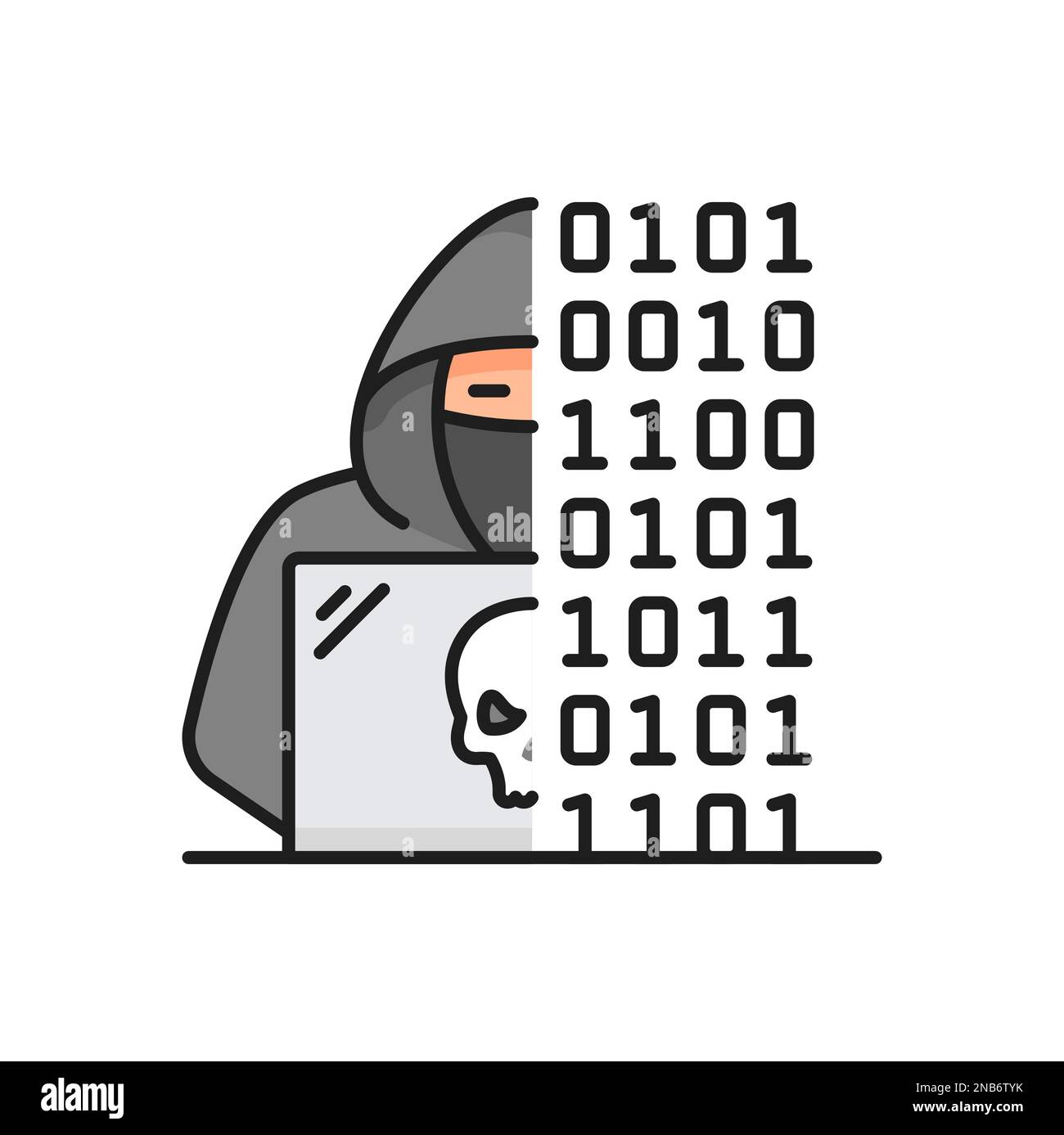 Hacker professionale che utilizza un computer portatile e un attacco di pianificazione, icona a linea sottile vettoriale del sistema di codifica file binario. Codifica, crittografia dei dati, linguaggi di programmazione Illustrazione Vettoriale