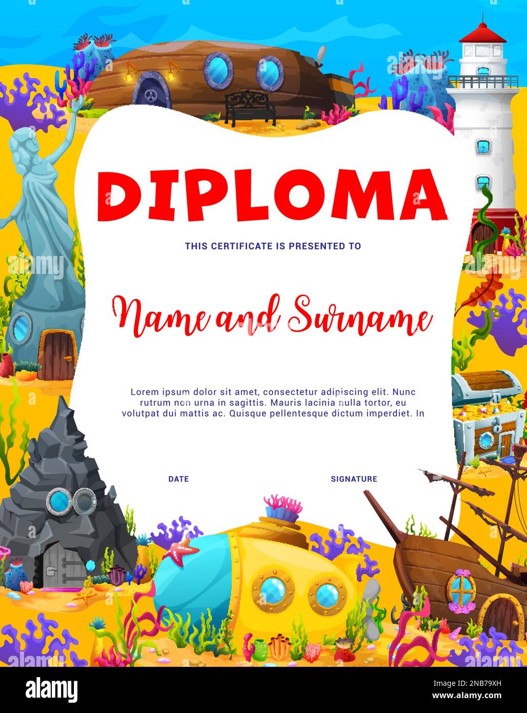 Bambini diploma cartoni animati paesaggio subacqueo e gli edifici delle fate. Modello di certificato Vector Educational School o asilo con nave affondata, sottomarino giallo, statua e faro sul fondo del mare Illustrazione Vettoriale