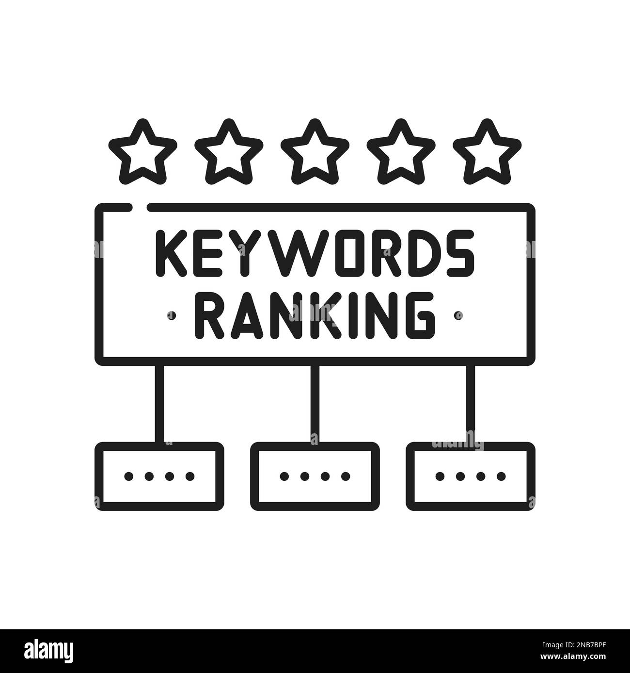 Parola chiave classifica e ottimizzazione seo contorno icona. Vettore cinque stelle rank premio, parole chiave e trovare servizi parole, rivisto nuove parole Illustrazione Vettoriale