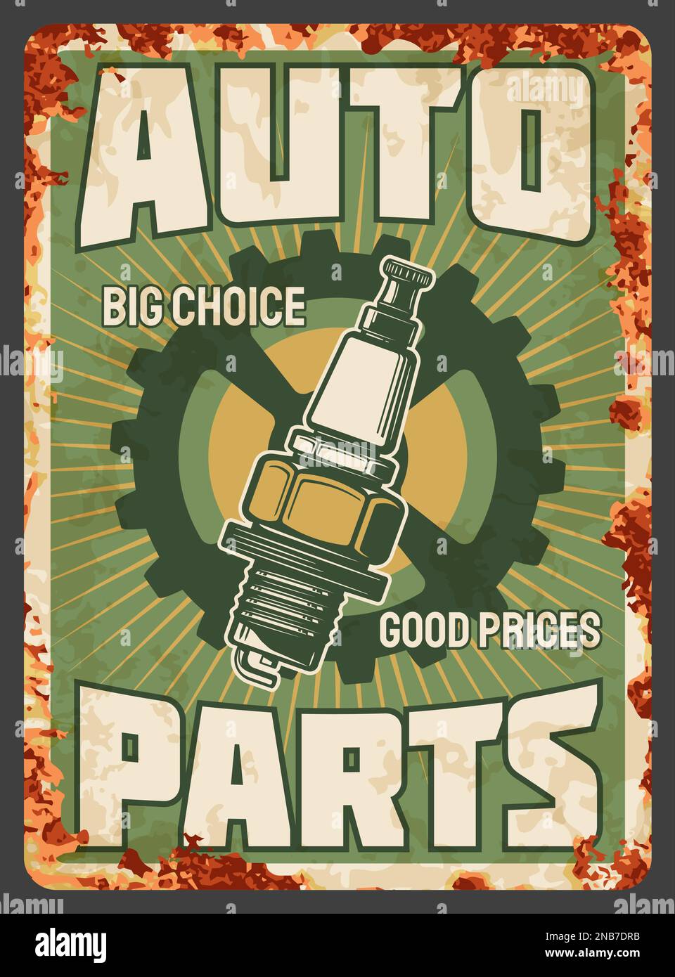 Ricambi auto d'epoca piastra arrugginita. Auto riparazione garage stazione, manutenzione auto o restauro officina o veicolo motore pezzi di ricambio negozio banner vettoriale o poster con candela, ruota dentata Illustrazione Vettoriale