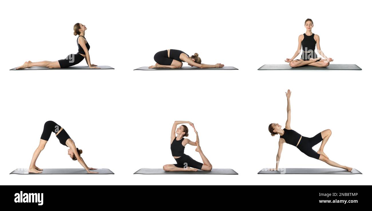 Giovane donna che pratica yoga su sfondo bianco, collage. Design del banner Foto Stock