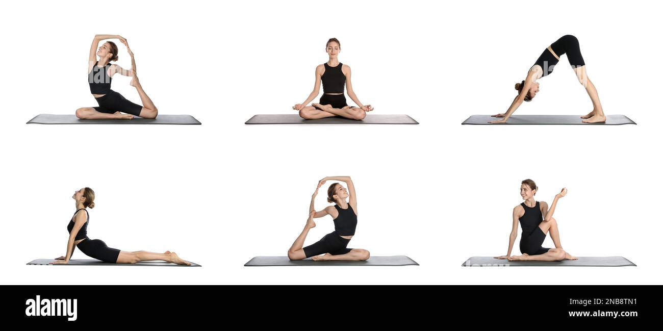 Giovane donna che pratica yoga su sfondo bianco, collage. Design del banner Foto Stock