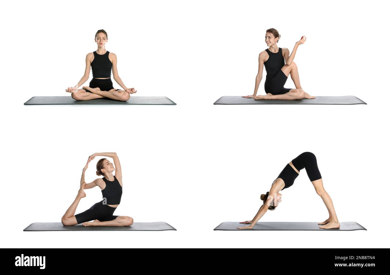 Giovane donna che pratica yoga su sfondo bianco, collage Foto Stock