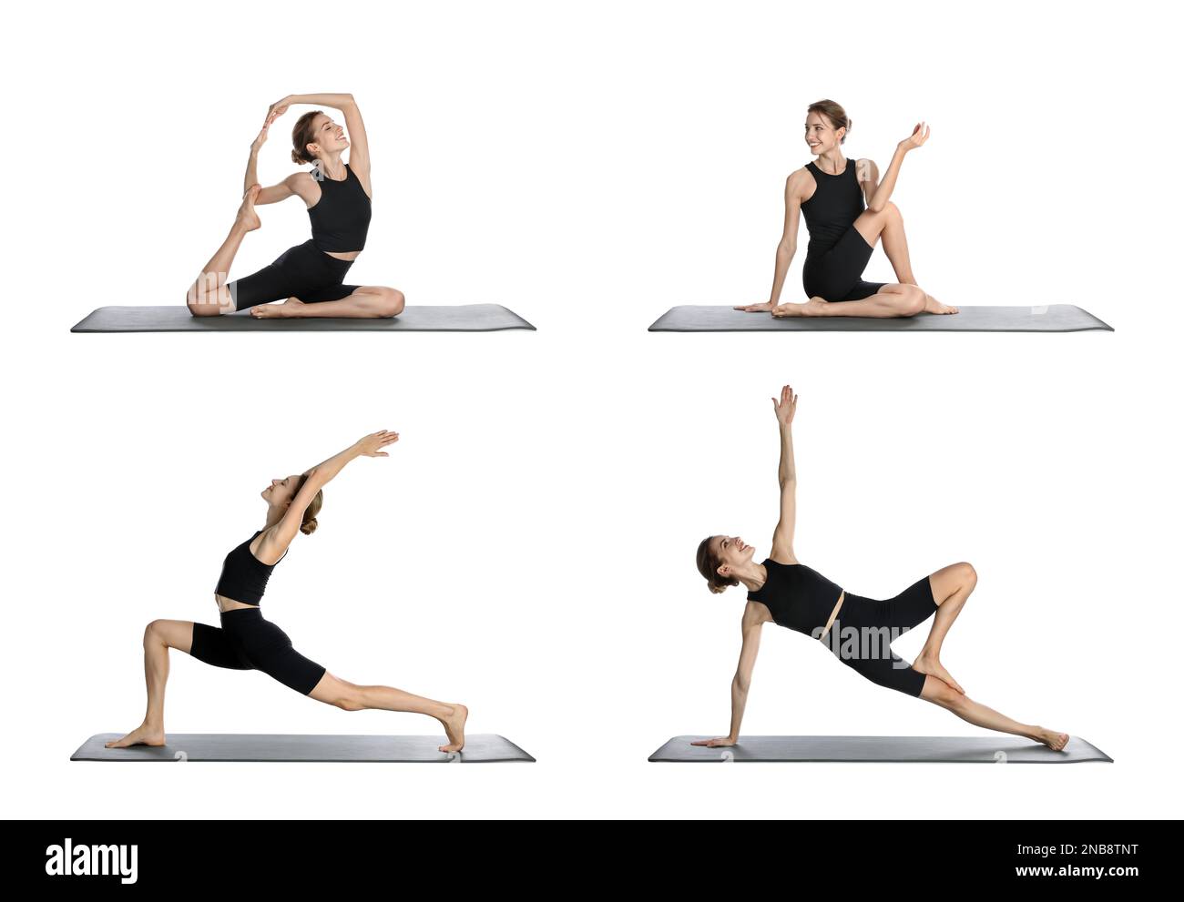 Giovane donna che pratica yoga su sfondo bianco, collage Foto Stock