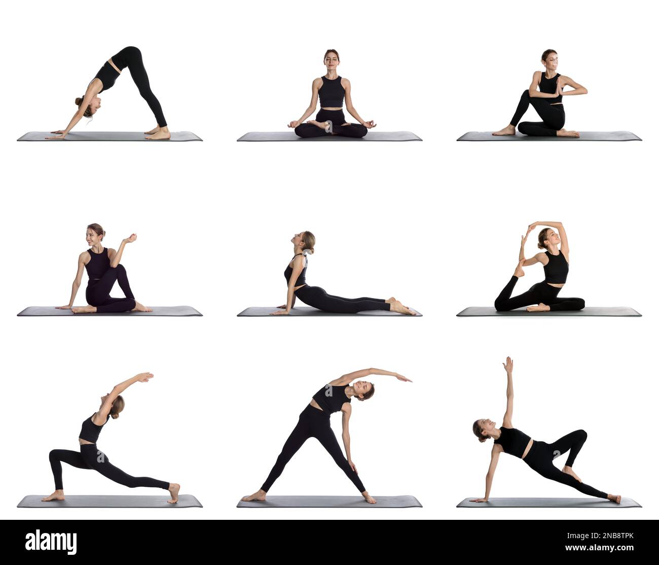 Giovane donna che pratica yoga su sfondo bianco, collage Foto Stock