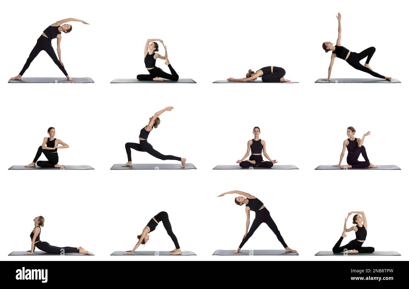 Giovane donna che pratica yoga su sfondo bianco, collage Foto Stock