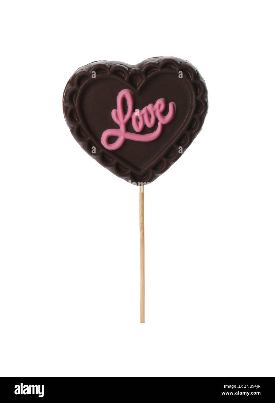 Lollipop a forma di cuore fatto di cioccolato isolato su bianco Foto Stock