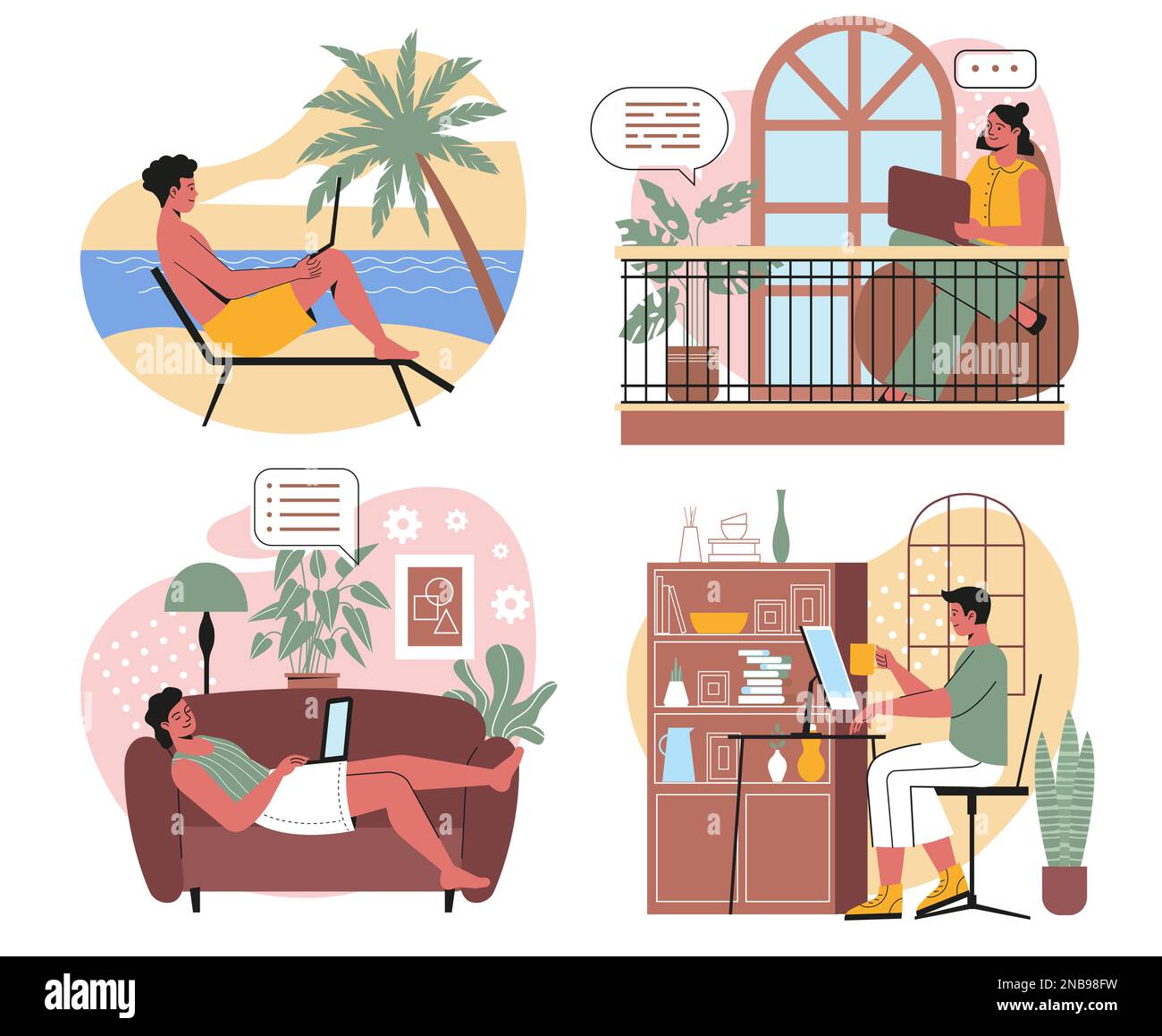 Set di freelance in un comodo spazio di lavoro Illustrazione Vettoriale