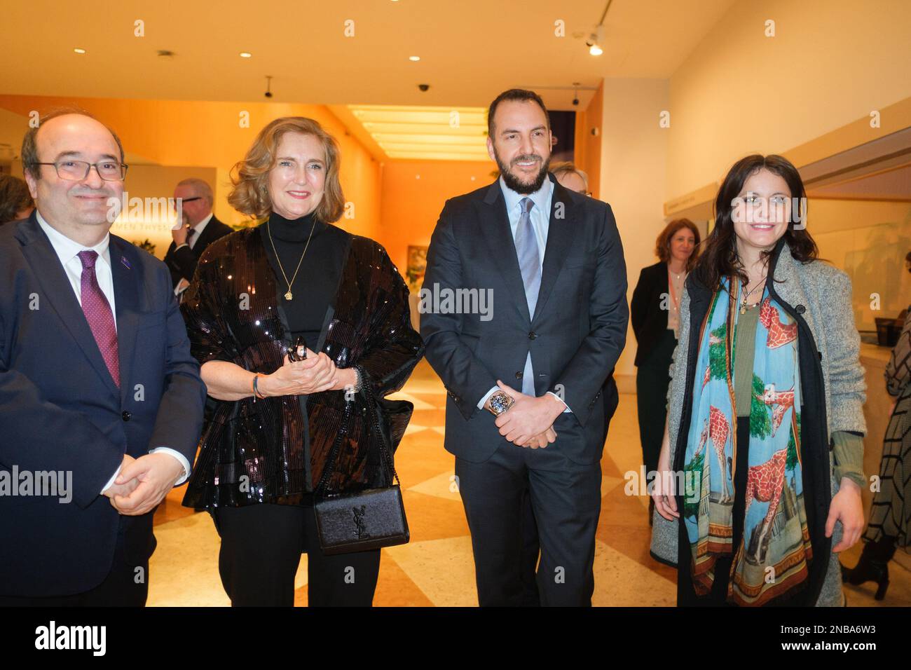 Madrid, Spagna. 13th Feb, 2023. L-R) il ministro della cultura e dello sport, Miquel Iceta, collezionista d'arte, Francesca Thyssen-Bornemisza, Alejandro Borja Thyssen-Bornemisza, E il delegato di Cultura, Turismo e Sport, Andrea Levy partecipa all'apertura della mostra Lucian Freud 'nuove prospettive', al Museo Thyssen di Madrid. (Foto di Atilano Garcia/SOPA Images/Sipa USA) Credit: Sipa USA/Alamy Live News Foto Stock