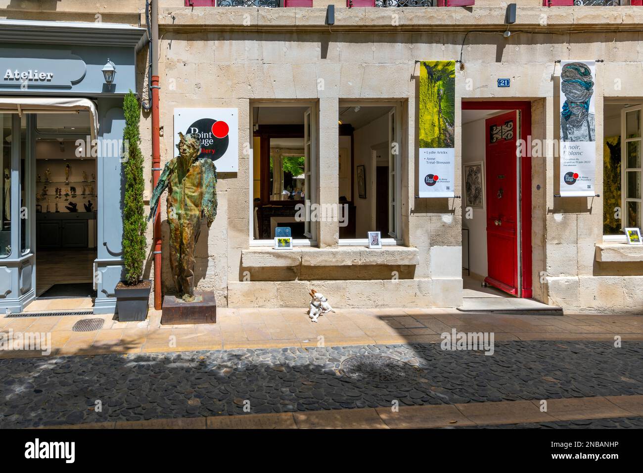 Un piccolo cane Chihuahua siede al sole fuori di un negozio di boutique d'arte nella città vecchia medievale di Saint-Remy-de-Provence, Francia. Foto Stock